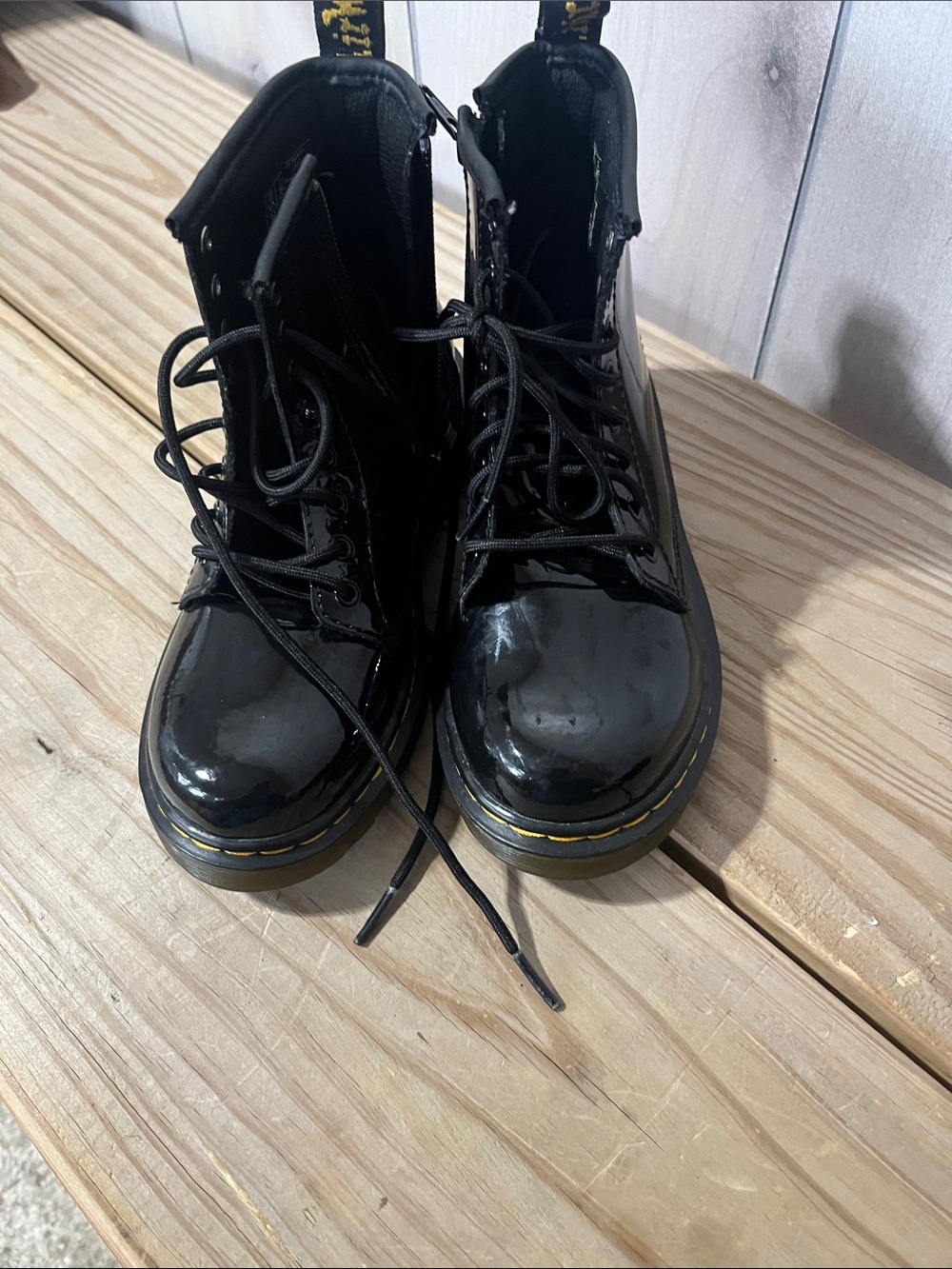 Dr. Martens Kids Black Patent Lace-Up Boots with Yellow Stitching